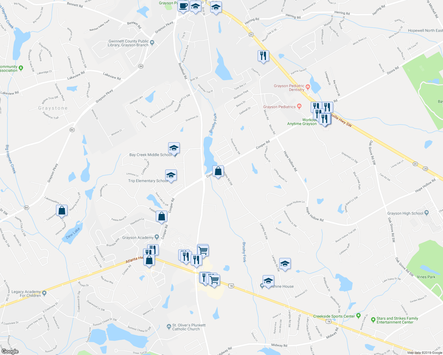 map of restaurants, bars, coffee shops, grocery stores, and more near 2818 Rolling Downs Way Southwest in Loganville
