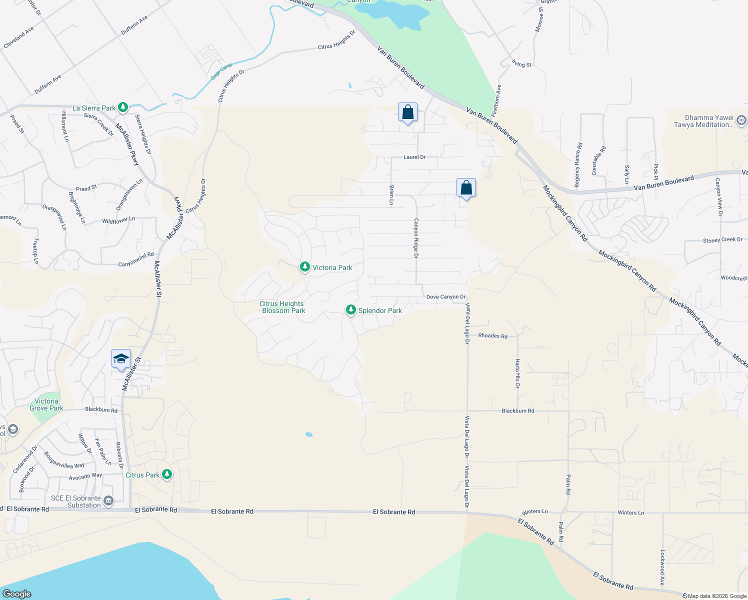 map of restaurants, bars, coffee shops, grocery stores, and more near 14029 Dove Canyon Drive in Riverside