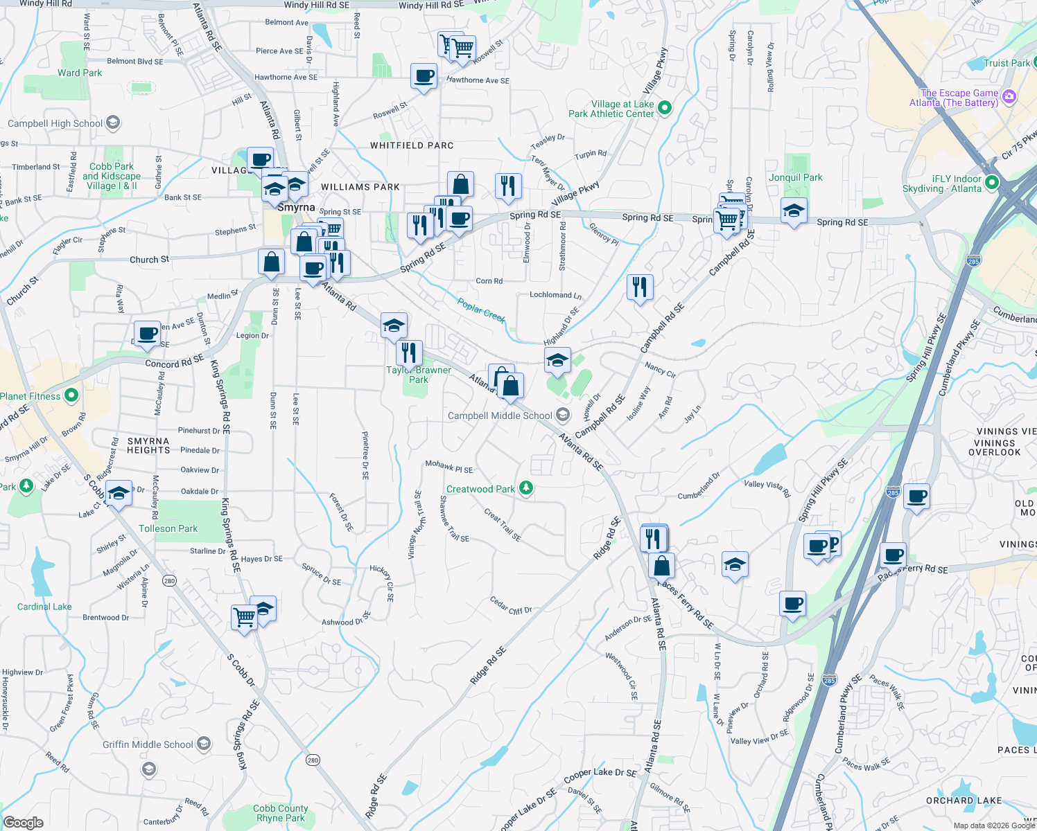 map of restaurants, bars, coffee shops, grocery stores, and more near 1902 New Haven Court Southeast in Smyrna