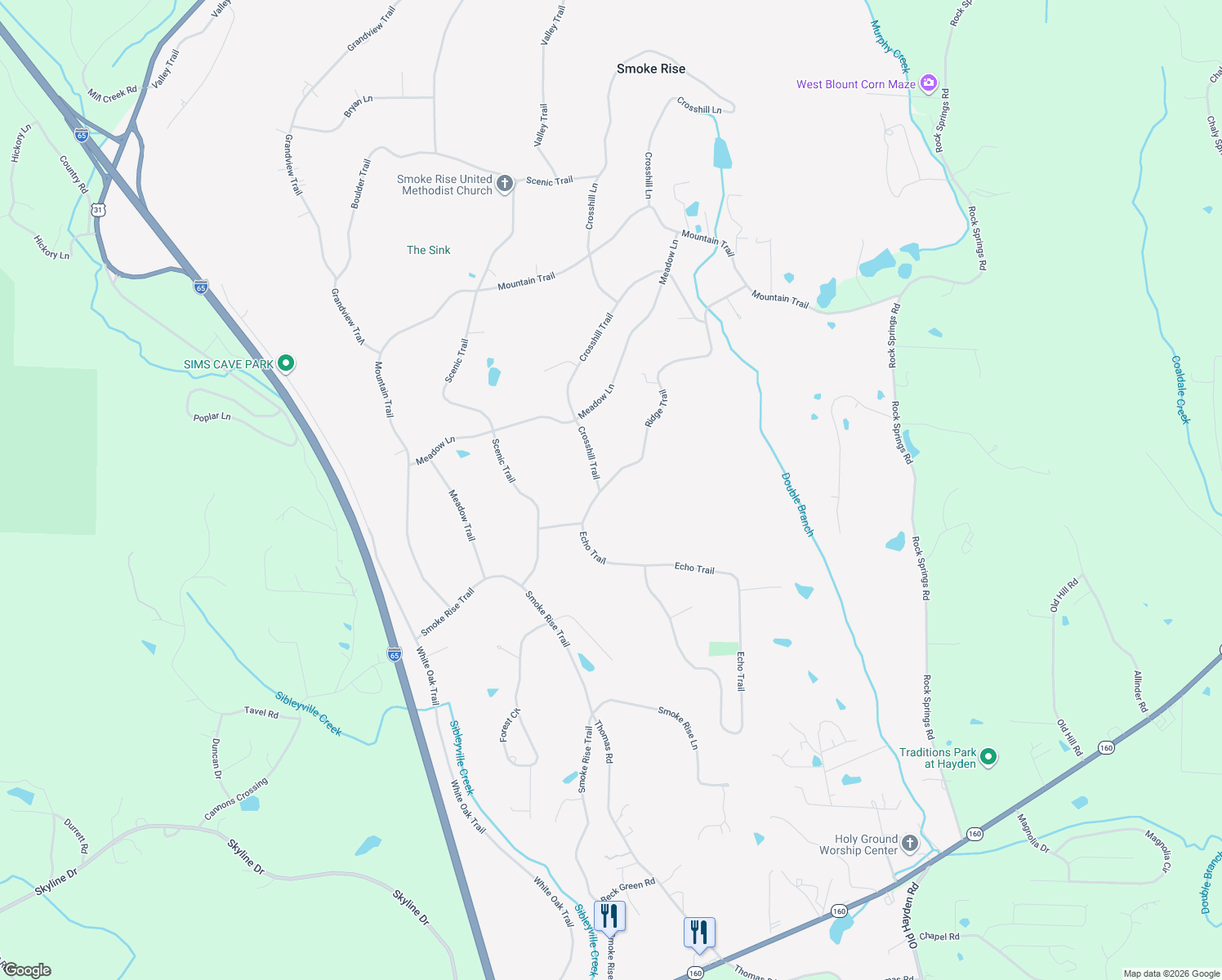 map of restaurants, bars, coffee shops, grocery stores, and more near 363 Ridge Trail in Warrior