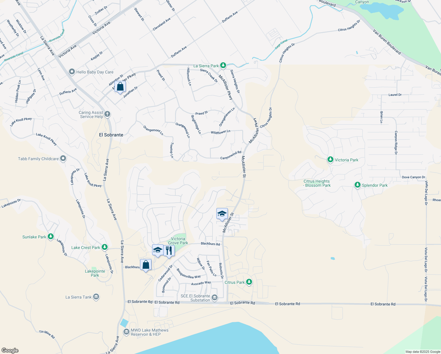 map of restaurants, bars, coffee shops, grocery stores, and more near Road Runner Ridge in Riverside