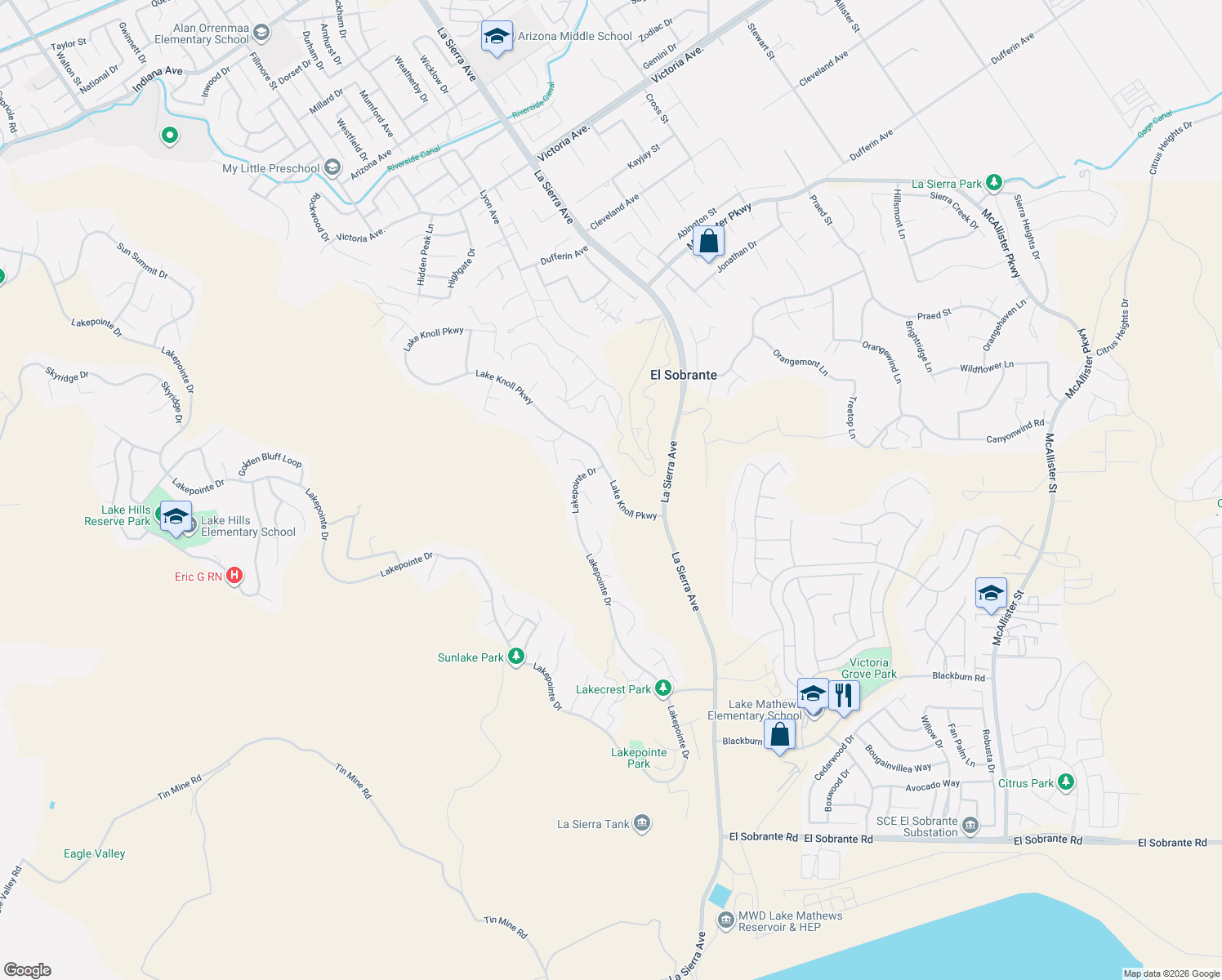 map of restaurants, bars, coffee shops, grocery stores, and more near 16985 Lake Knoll Parkway in Riverside