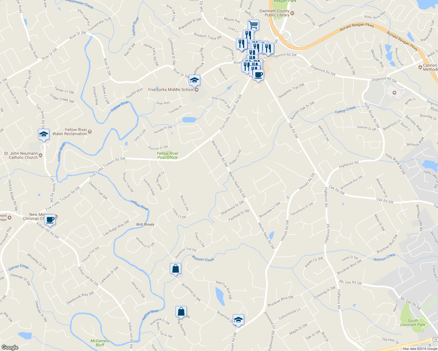 map of restaurants, bars, coffee shops, grocery stores, and more near 3331 Lockwood Court Southwest in Lilburn