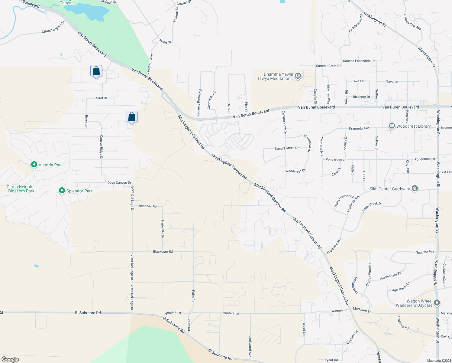 map of restaurants, bars, coffee shops, grocery stores, and more near Arbor Drive in Riverside