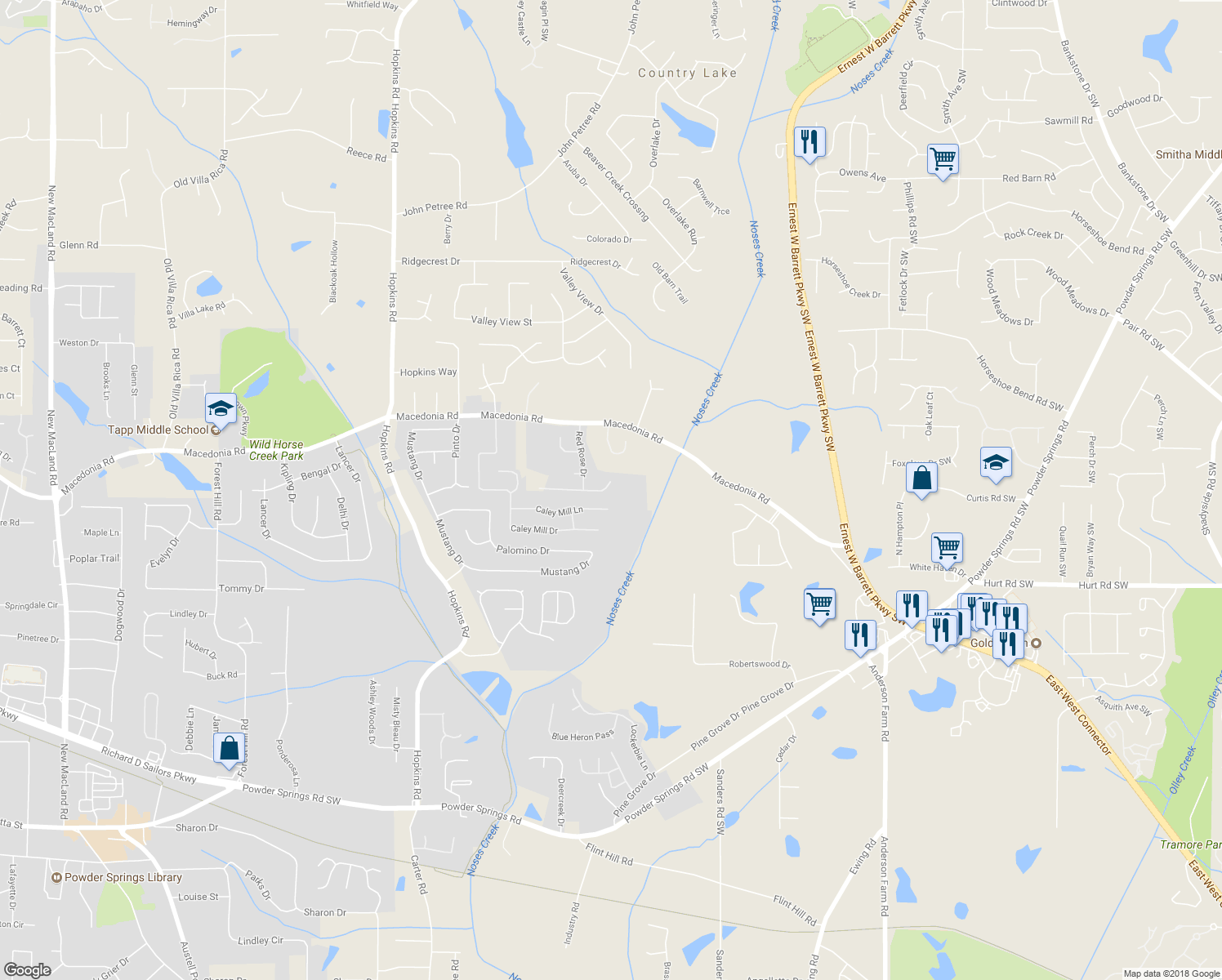 map of restaurants, bars, coffee shops, grocery stores, and more near 3215 Rose Petal Lane in Powder Springs