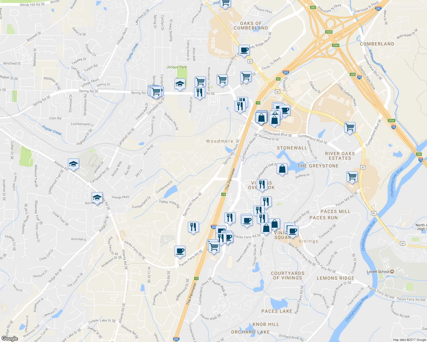 map of restaurants, bars, coffee shops, grocery stores, and more near 2508 Cumberland Ct SE in Smyrna