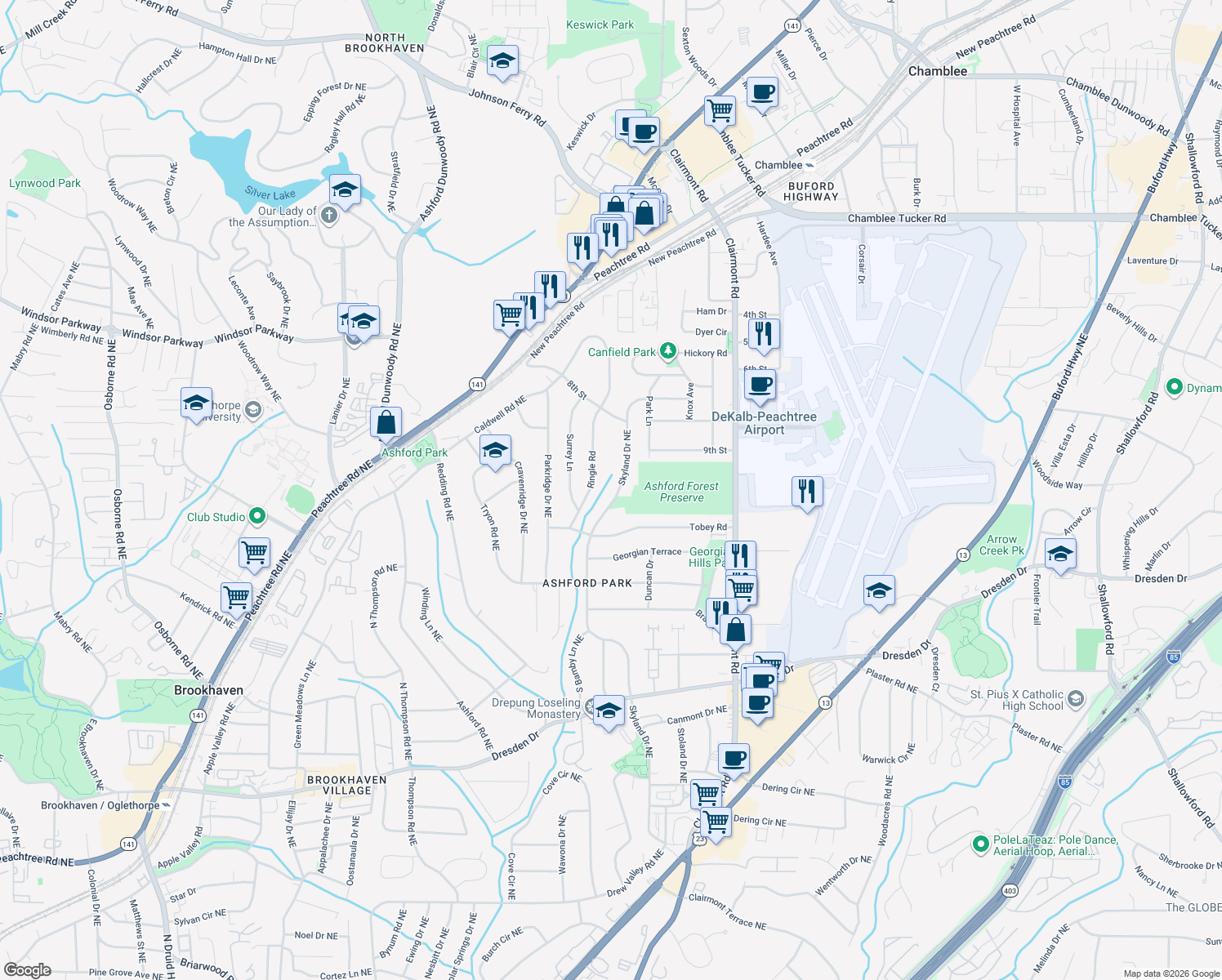 map of restaurants, bars, coffee shops, grocery stores, and more near 2962 Skyland Dr NE in Chamblee