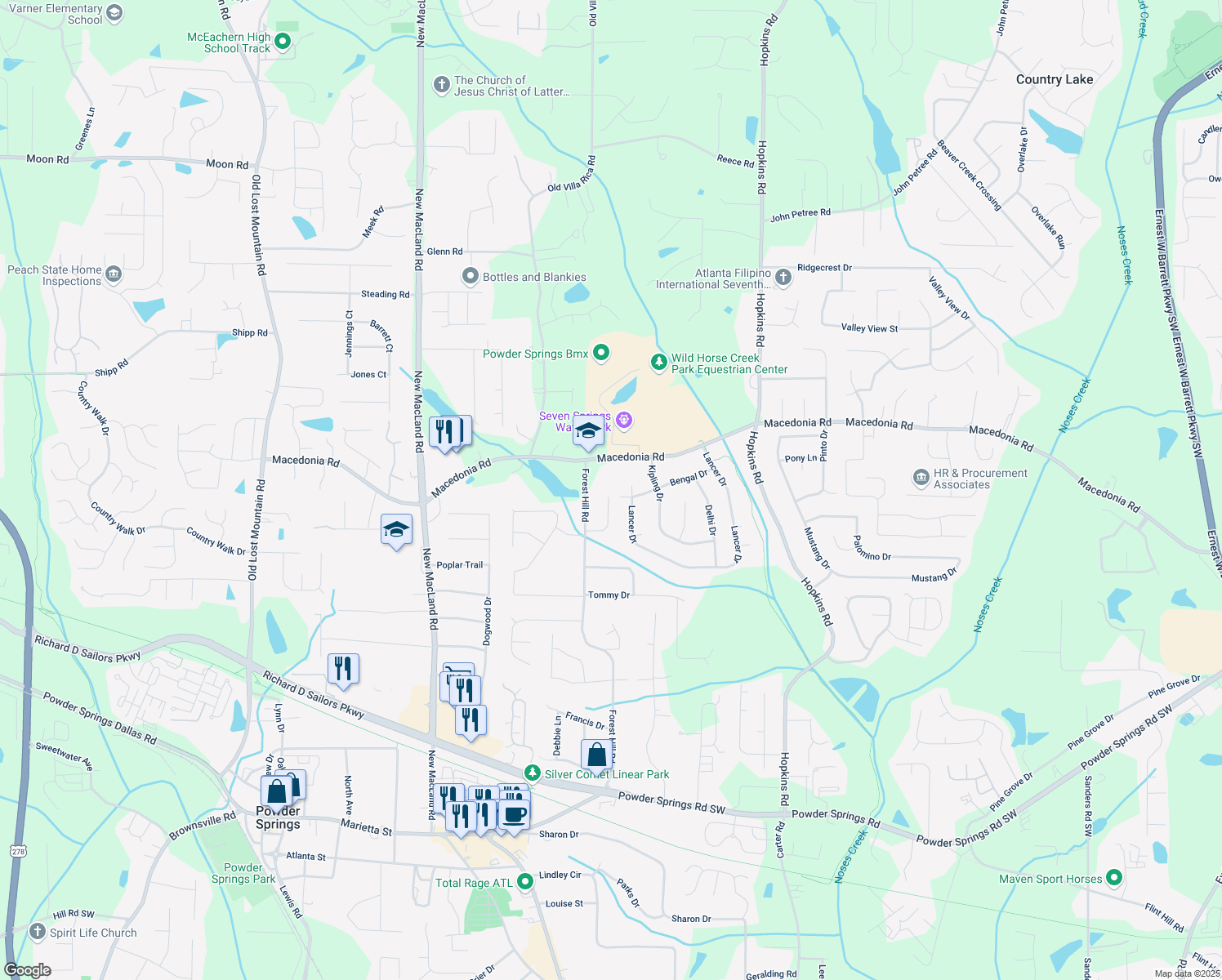 map of restaurants, bars, coffee shops, grocery stores, and more near 3314 Dilmus Drive in Powder Springs