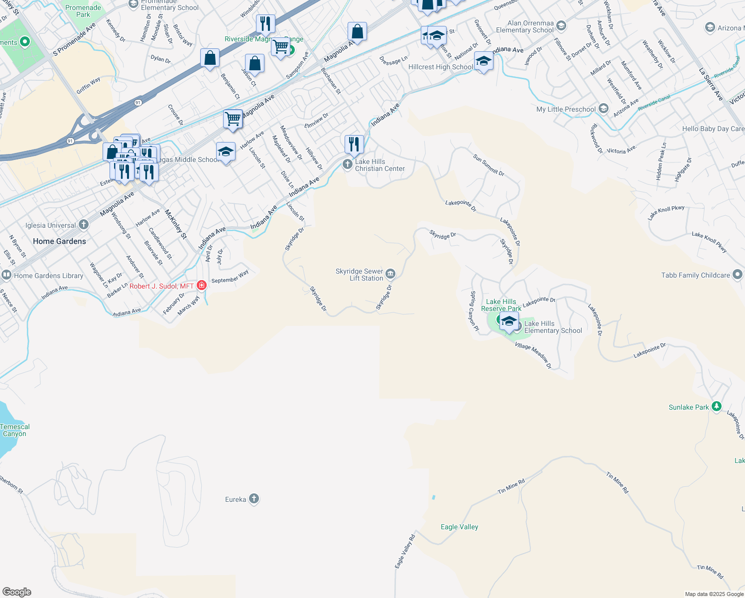 map of restaurants, bars, coffee shops, grocery stores, and more near 15720 Glendon Creek Court in Riverside