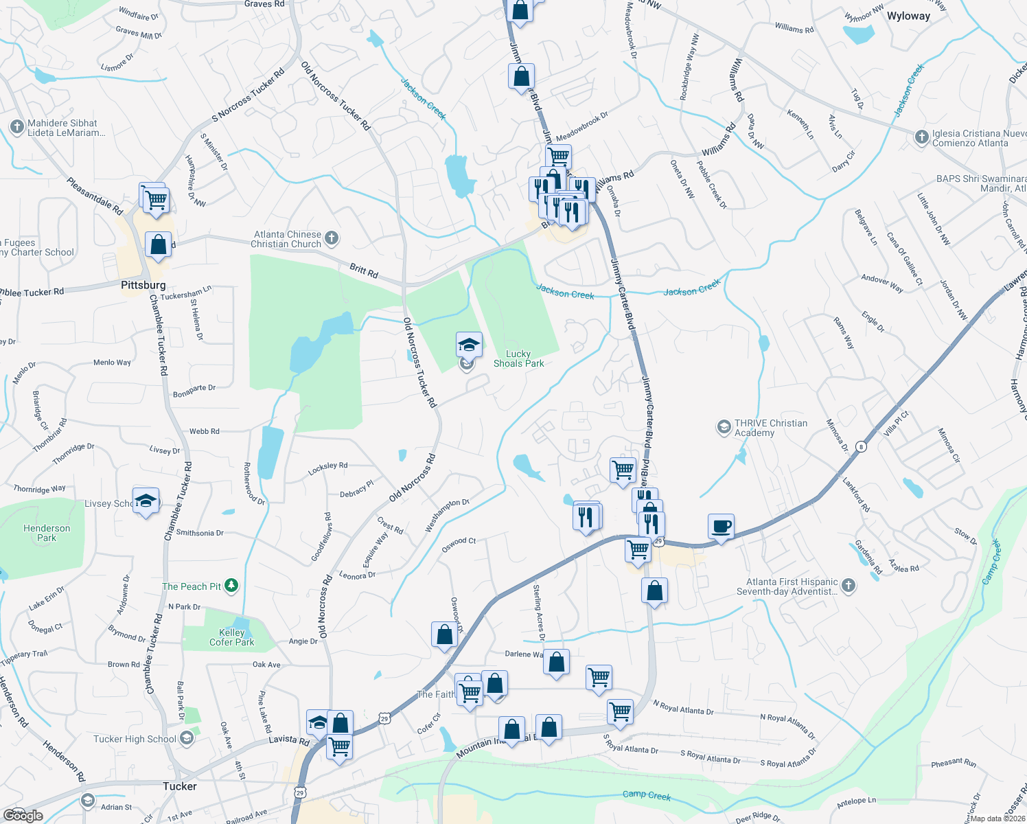 map of restaurants, bars, coffee shops, grocery stores, and more near 6520 Indian Acres Trail in Tucker