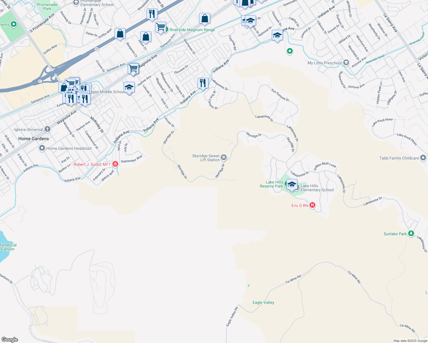 map of restaurants, bars, coffee shops, grocery stores, and more near 15720 Glendon Creek Court in Riverside