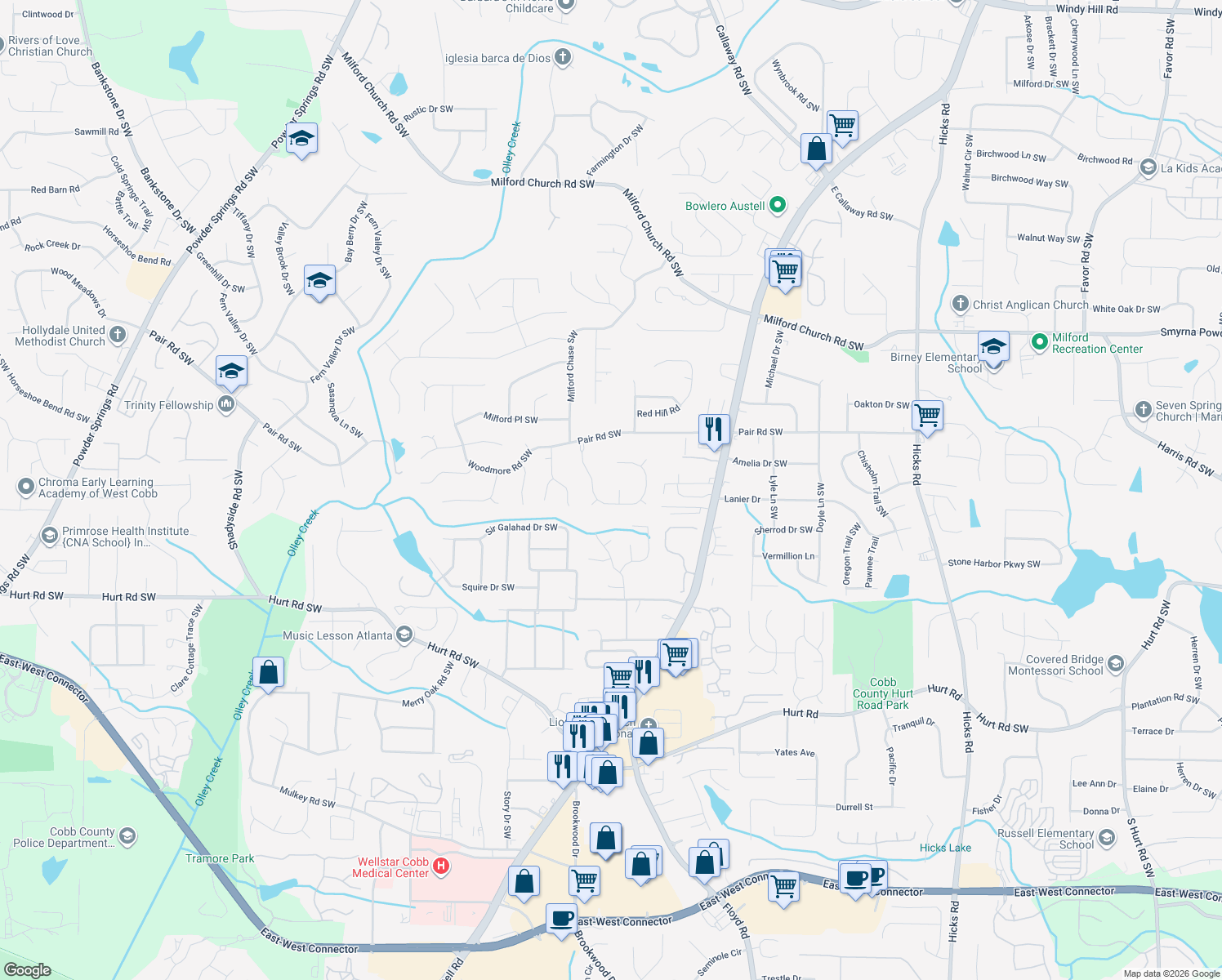 map of restaurants, bars, coffee shops, grocery stores, and more near 3292 Hidden Valley Way Southwest in Marietta
