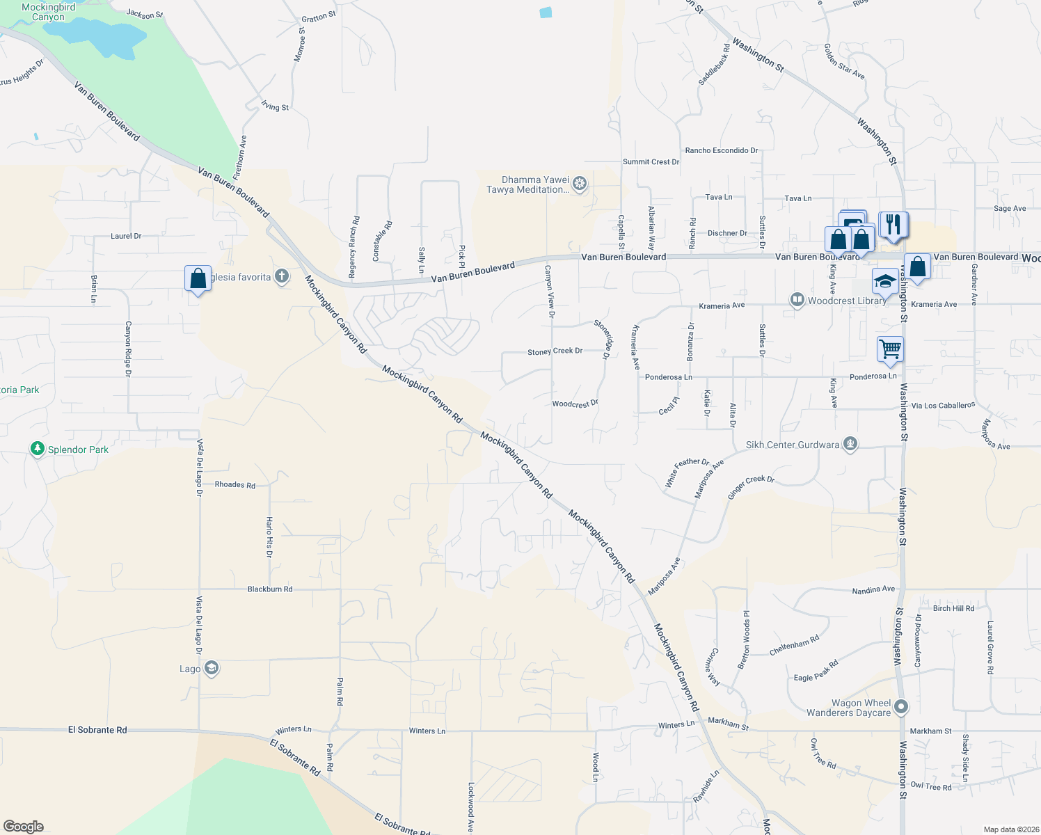map of restaurants, bars, coffee shops, grocery stores, and more near 16972 Mockingbird Canyon Road in Riverside