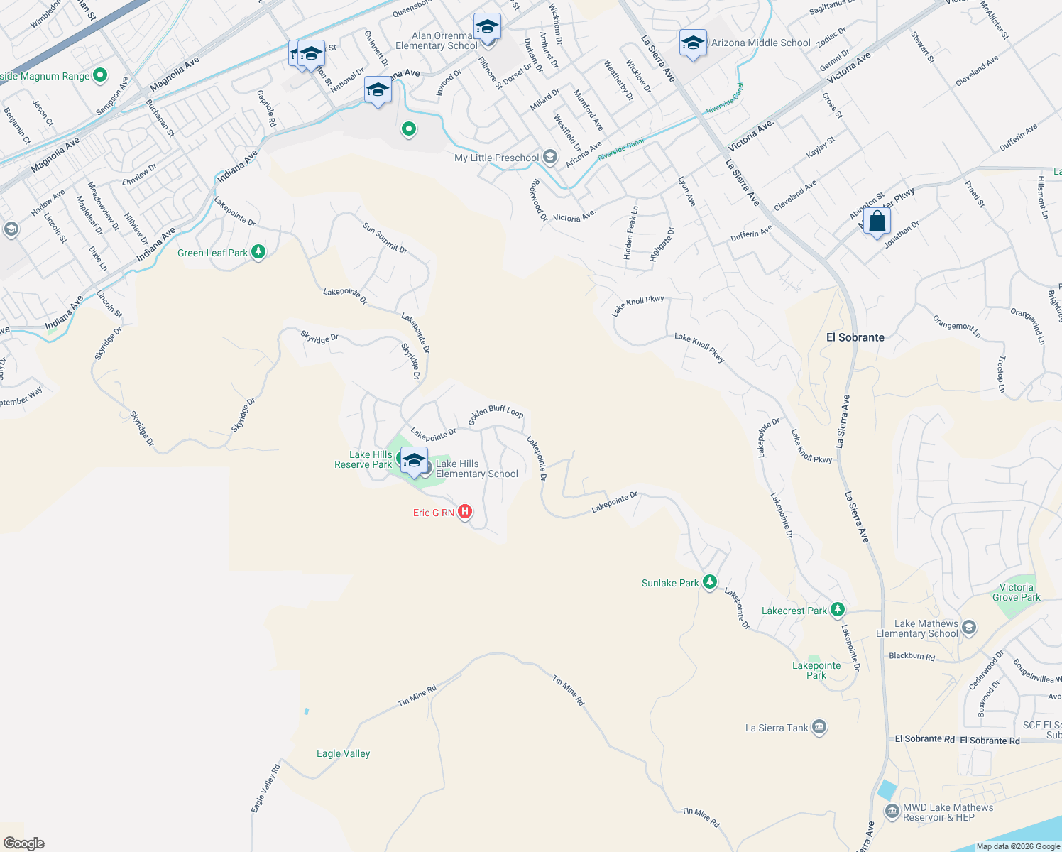 map of restaurants, bars, coffee shops, grocery stores, and more near 16765 Golden Bluff Loop in Riverside
