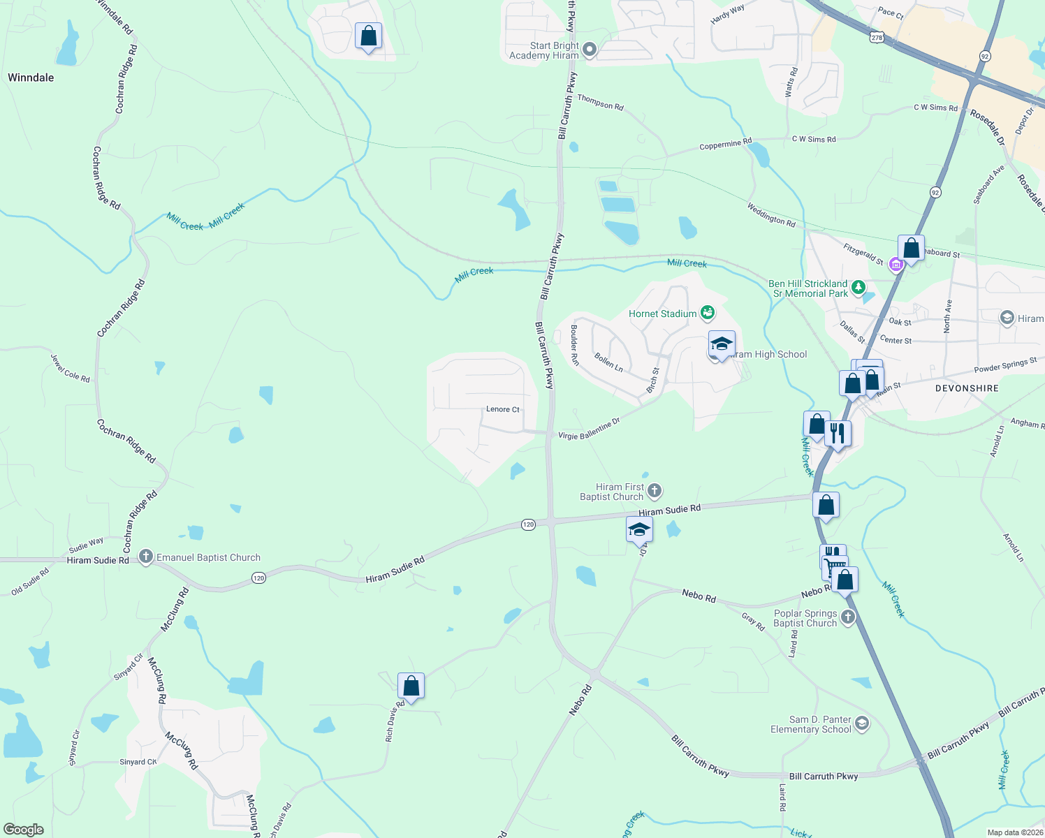 map of restaurants, bars, coffee shops, grocery stores, and more near 37 Lanier Ct in Hiram