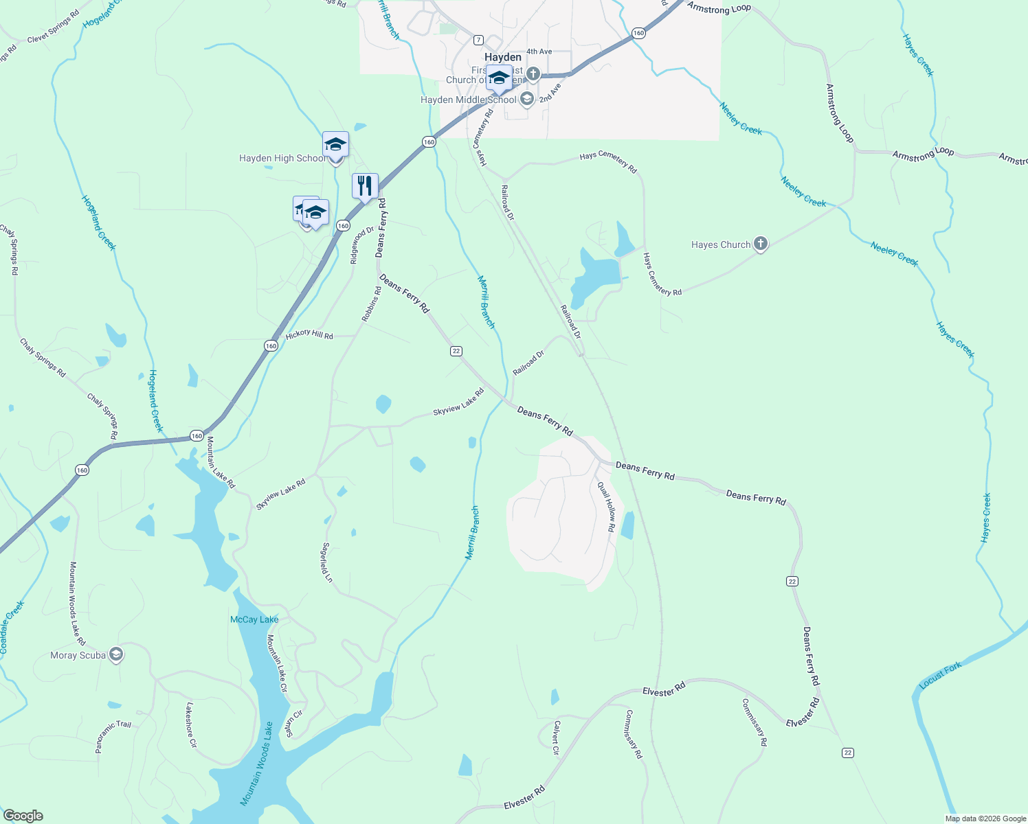 map of restaurants, bars, coffee shops, grocery stores, and more near 1018 Deans Ferry Road in Hayden
