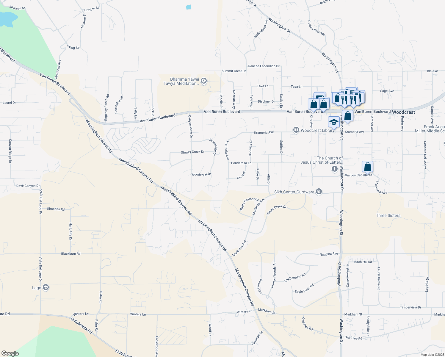 map of restaurants, bars, coffee shops, grocery stores, and more near 16220 Stoneridge Drive in Riverside