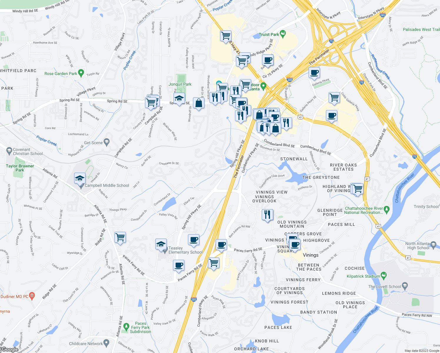 map of restaurants, bars, coffee shops, grocery stores, and more near 1309 Cumberland Court Southeast in Smyrna