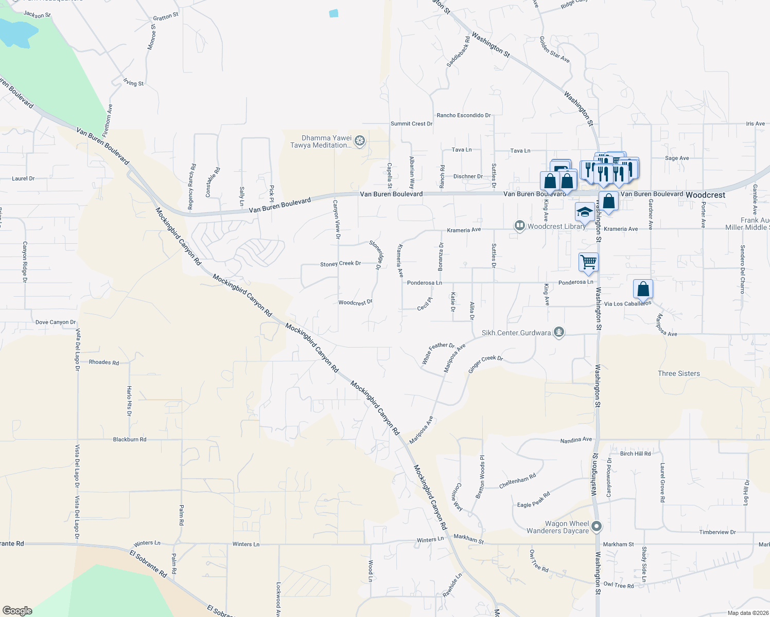 map of restaurants, bars, coffee shops, grocery stores, and more near 16220 Stoneridge Drive in Riverside