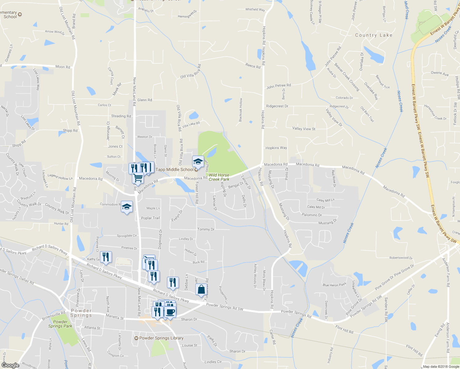 map of restaurants, bars, coffee shops, grocery stores, and more near 3762 Bengal Drive in Powder Springs