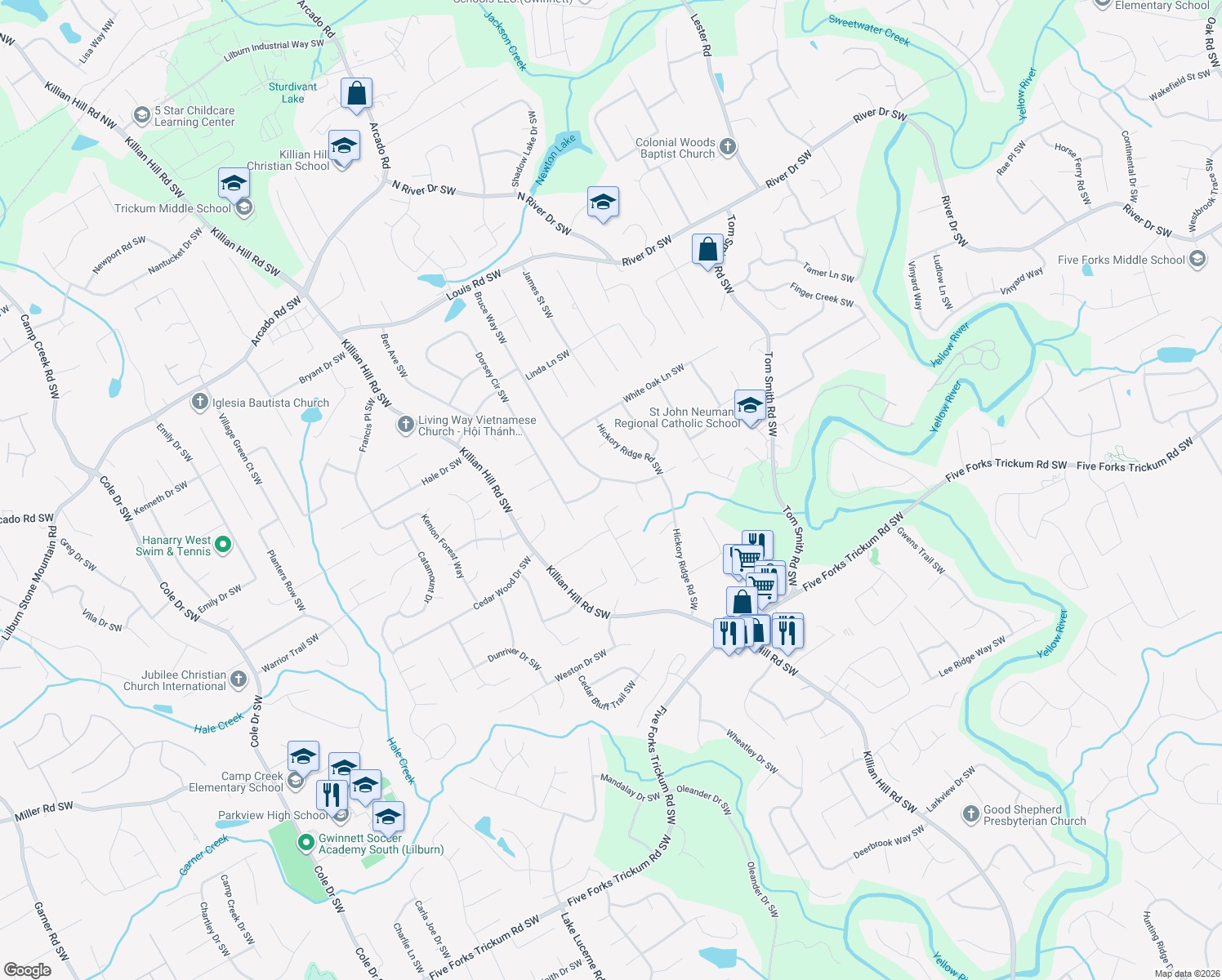 map of restaurants, bars, coffee shops, grocery stores, and more near 707 Bruce Way Southwest in Lilburn