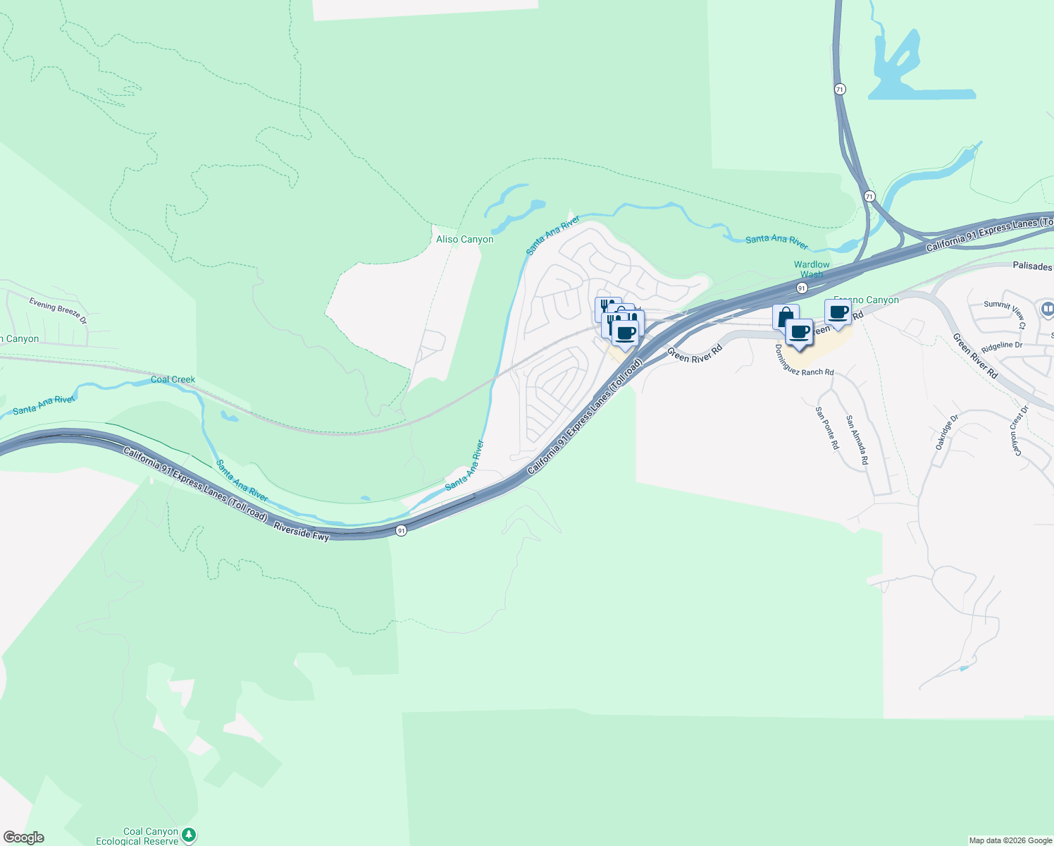 map of restaurants, bars, coffee shops, grocery stores, and more near Arrowhead in Corona