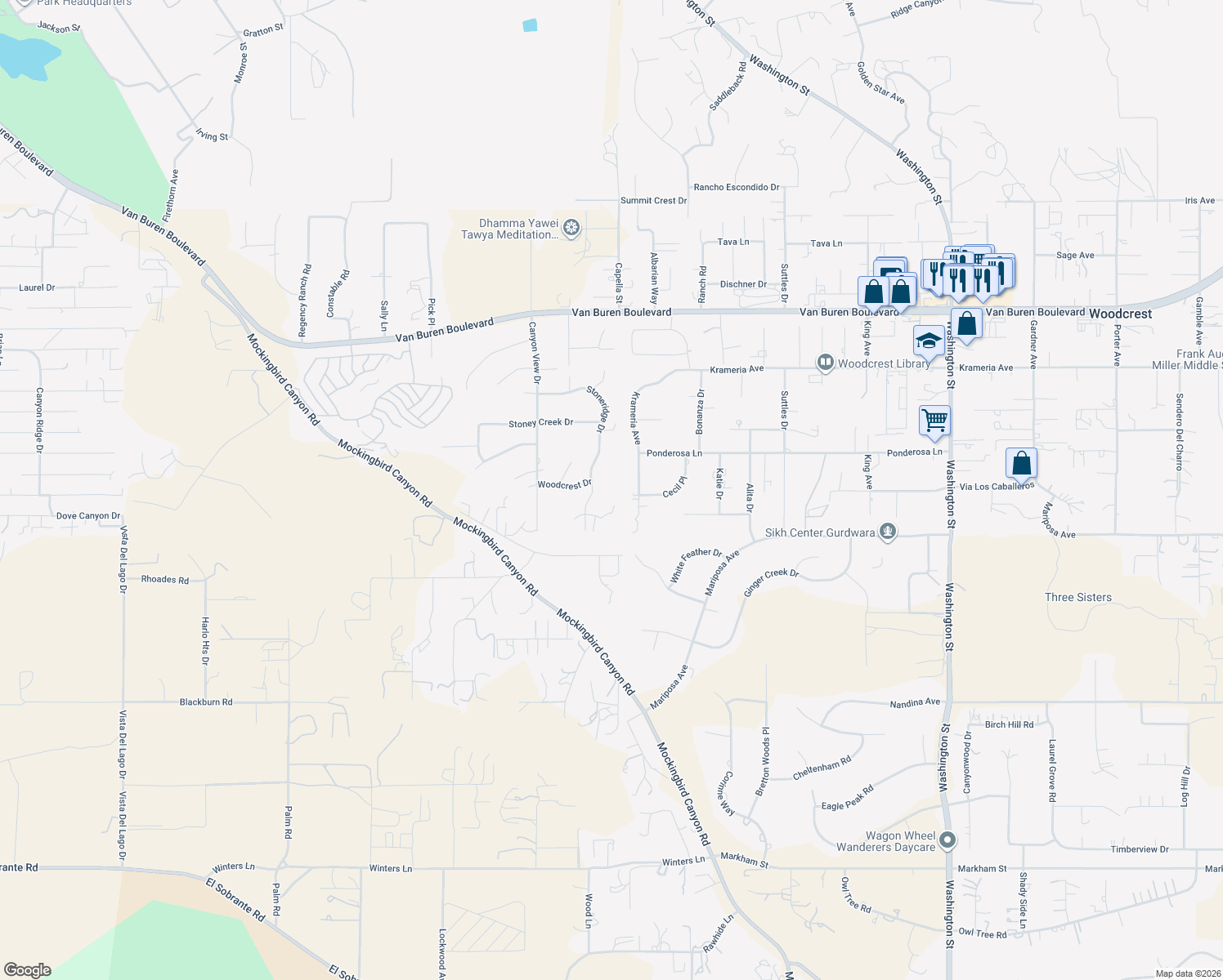 map of restaurants, bars, coffee shops, grocery stores, and more near 16220 Stoneridge Drive in Riverside