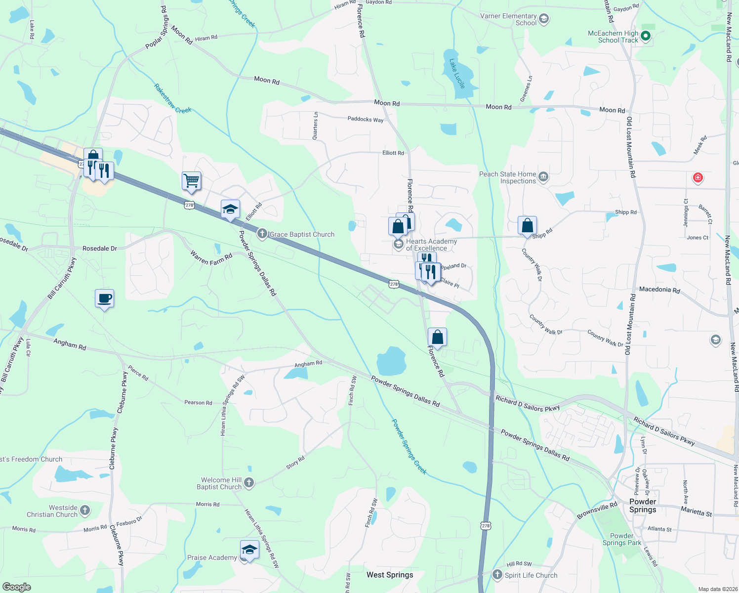 map of restaurants, bars, coffee shops, grocery stores, and more near 3386 Thornbridge Drive in Powder Springs