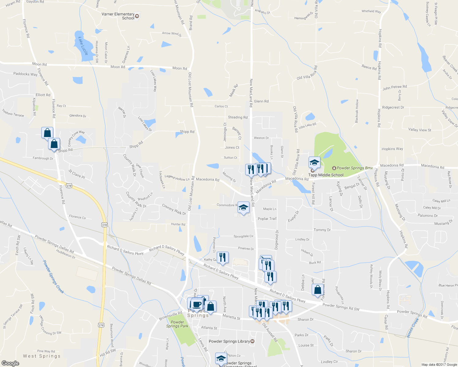 map of restaurants, bars, coffee shops, grocery stores, and more near 4300 Macedonia Road in Powder Springs