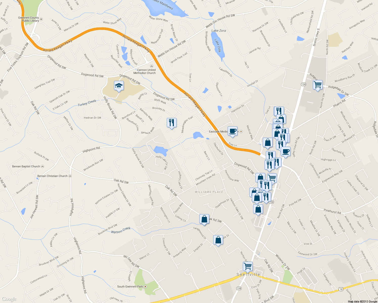 map of restaurants, bars, coffee shops, grocery stores, and more near 1655 Grandview Trce in Snellville