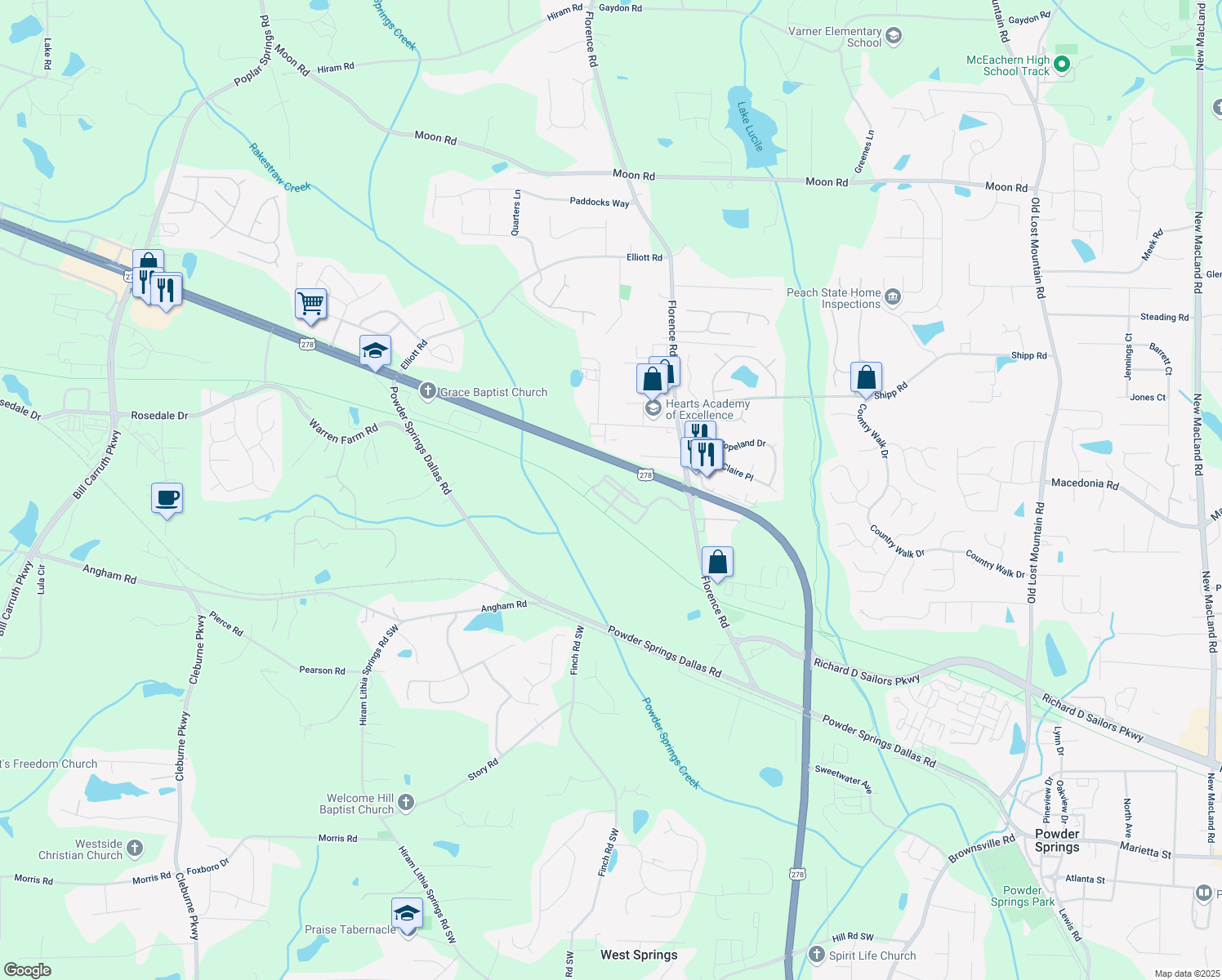 map of restaurants, bars, coffee shops, grocery stores, and more near 5209 Carrington Park Drive in Powder Springs