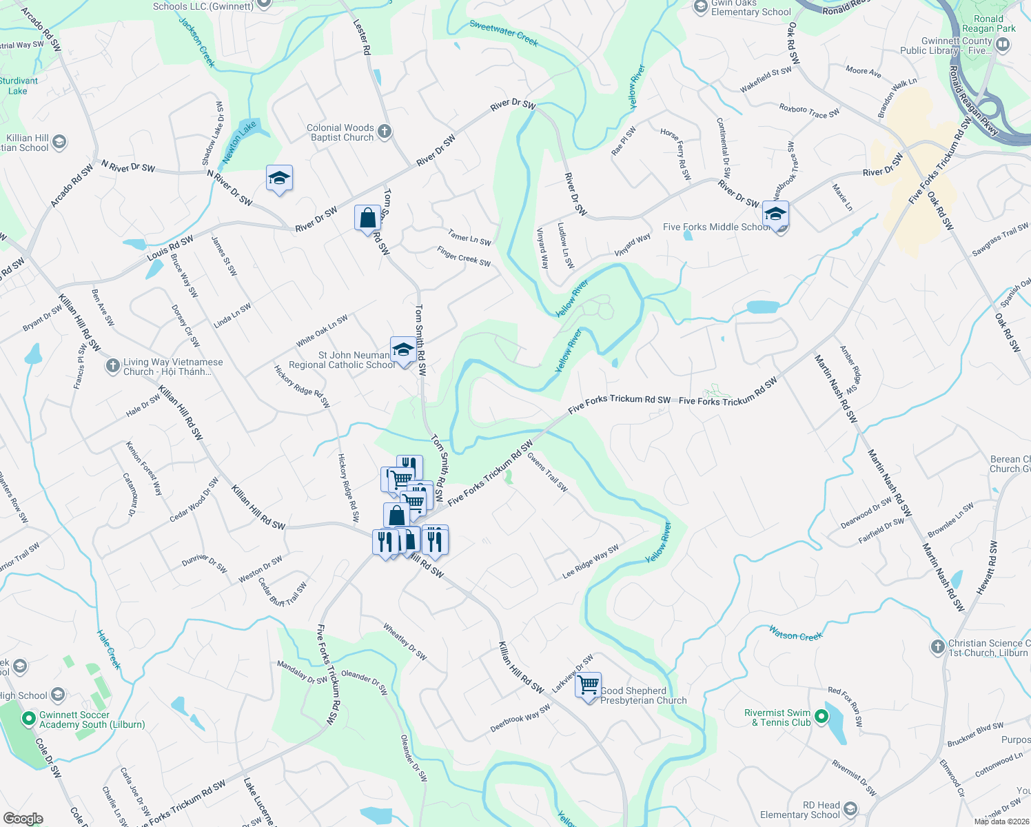 map of restaurants, bars, coffee shops, grocery stores, and more near 636 E Riverbend Drive Southwest in Lilburn