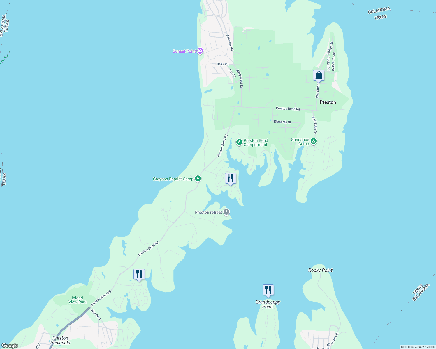map of restaurants, bars, coffee shops, grocery stores, and more near 14 Bravo Road in Pottsboro