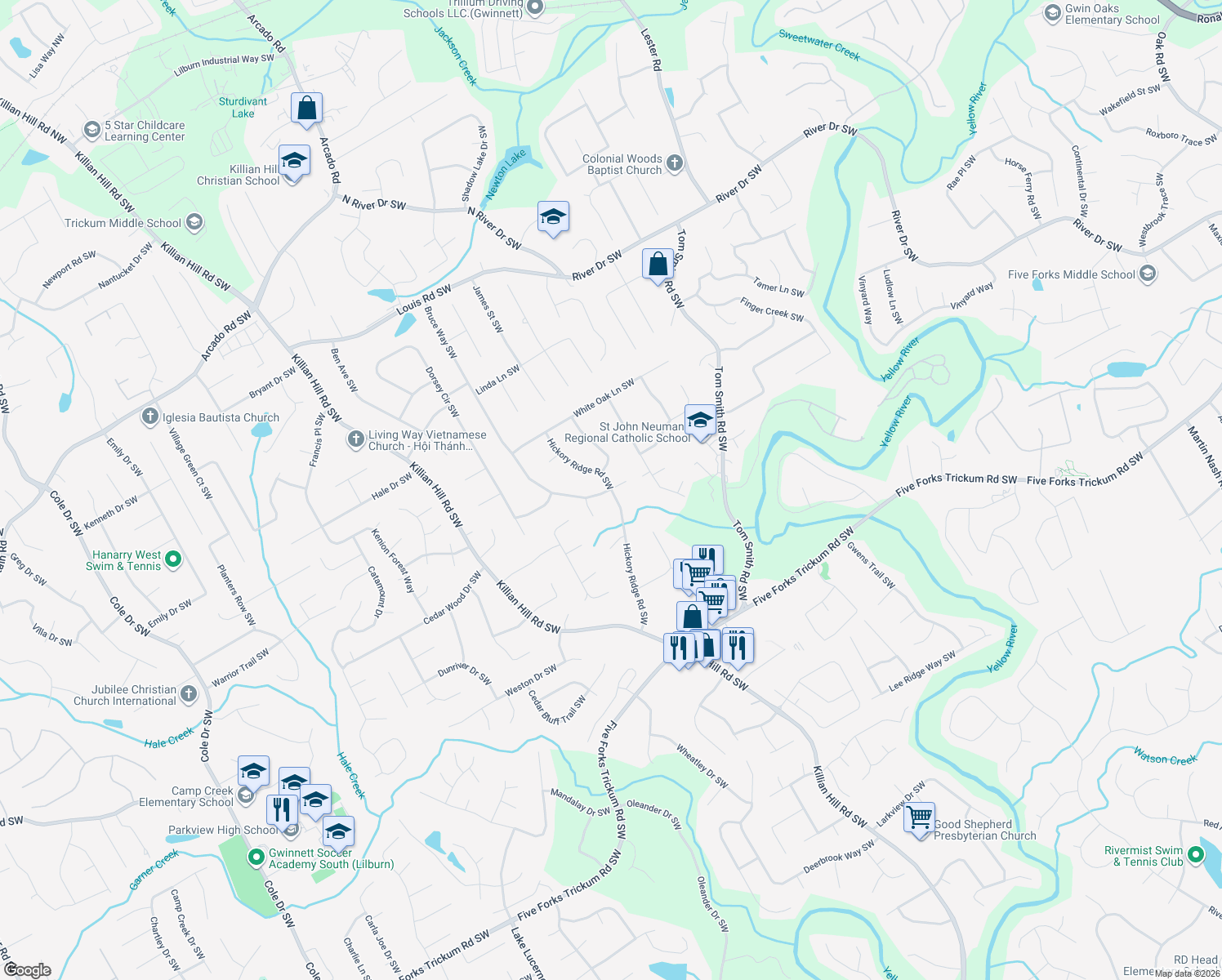 map of restaurants, bars, coffee shops, grocery stores, and more near 765 Hickory Ridge Road Southwest in Lilburn
