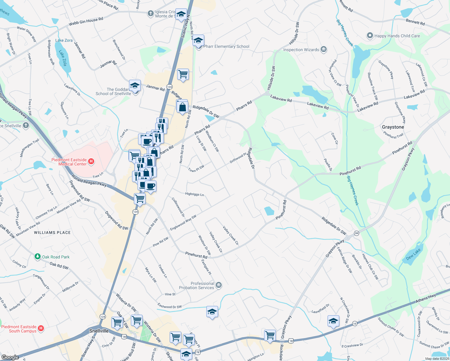map of restaurants, bars, coffee shops, grocery stores, and more near 2016 Long Street Southwest in Snellville
