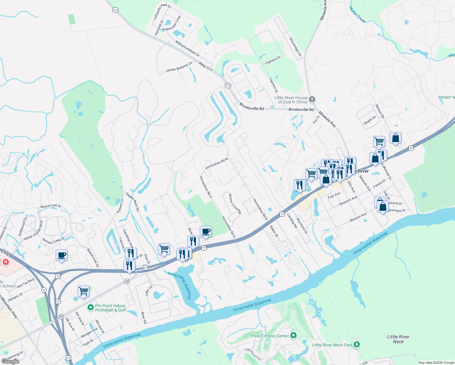 map of restaurants, bars, coffee shops, grocery stores, and more near 3952 Horseshoe Road North in Little River