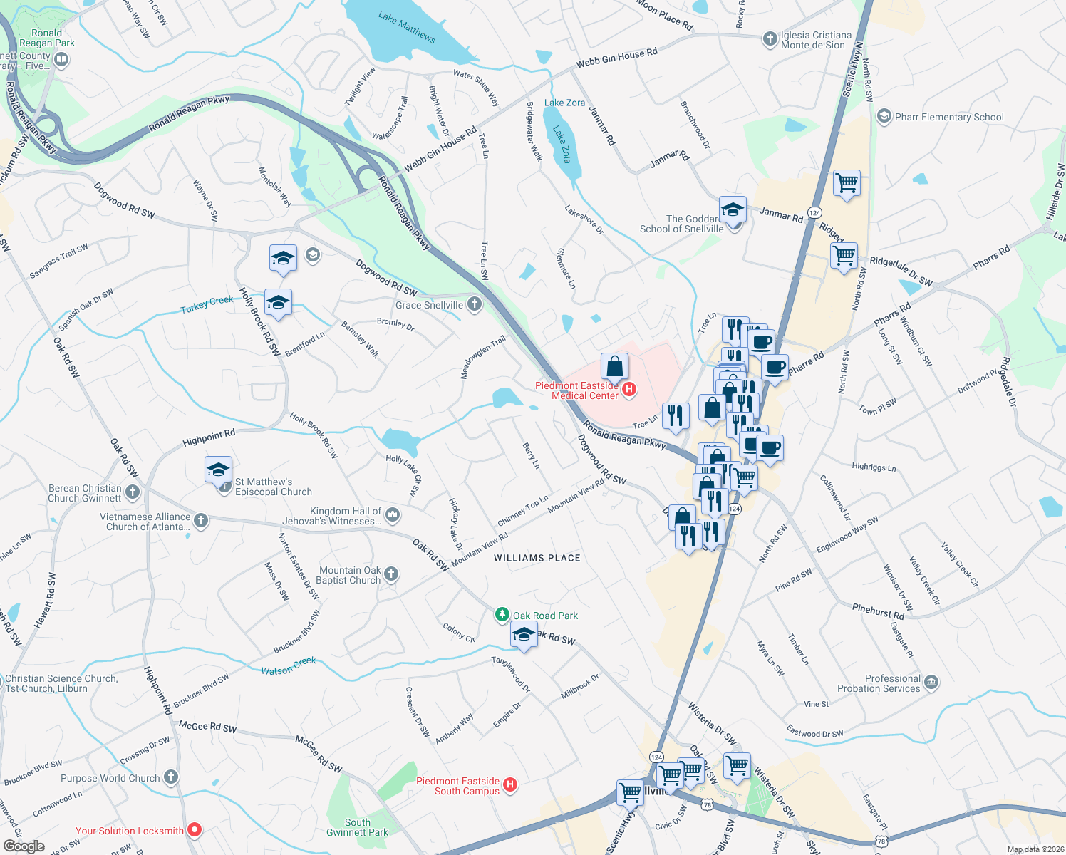 map of restaurants, bars, coffee shops, grocery stores, and more near 2150 Glenhurst Dr in Snellville