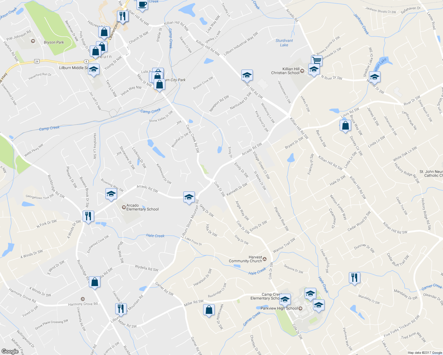 map of restaurants, bars, coffee shops, grocery stores, and more near 4780 Arcado Road Southwest in Lilburn