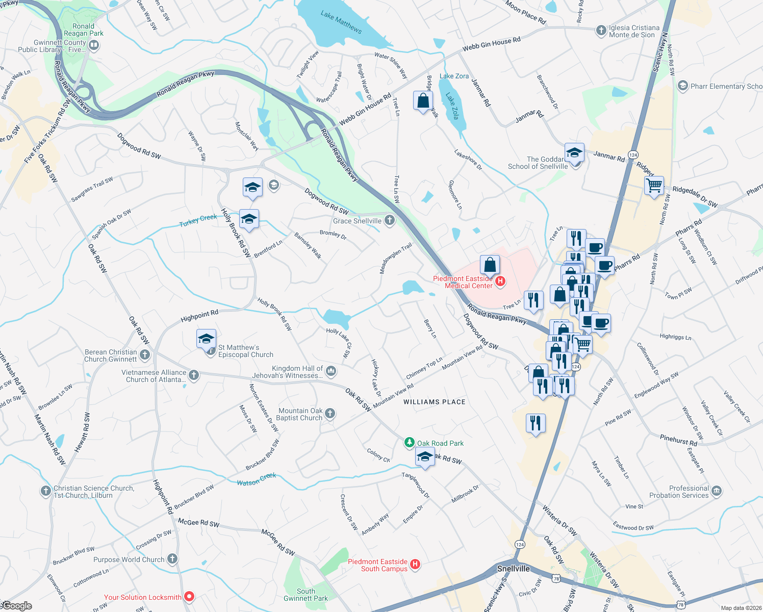 map of restaurants, bars, coffee shops, grocery stores, and more near 1606 Grandview Trce in Snellville