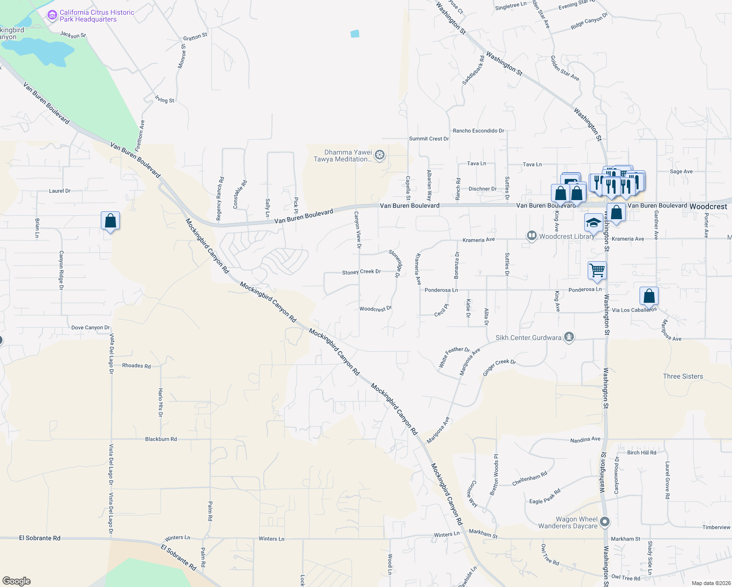 map of restaurants, bars, coffee shops, grocery stores, and more near 16750 Canyon View Drive in Riverside