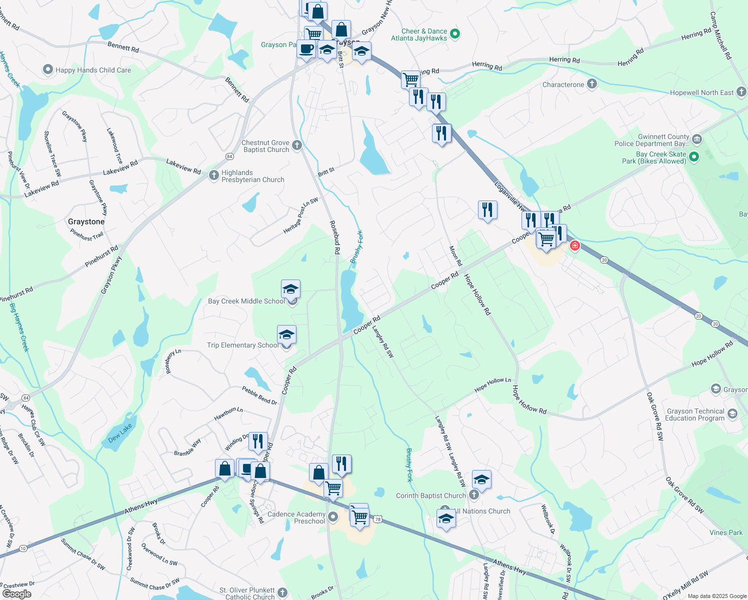 map of restaurants, bars, coffee shops, grocery stores, and more near 681 Deer Springs Way in Loganville
