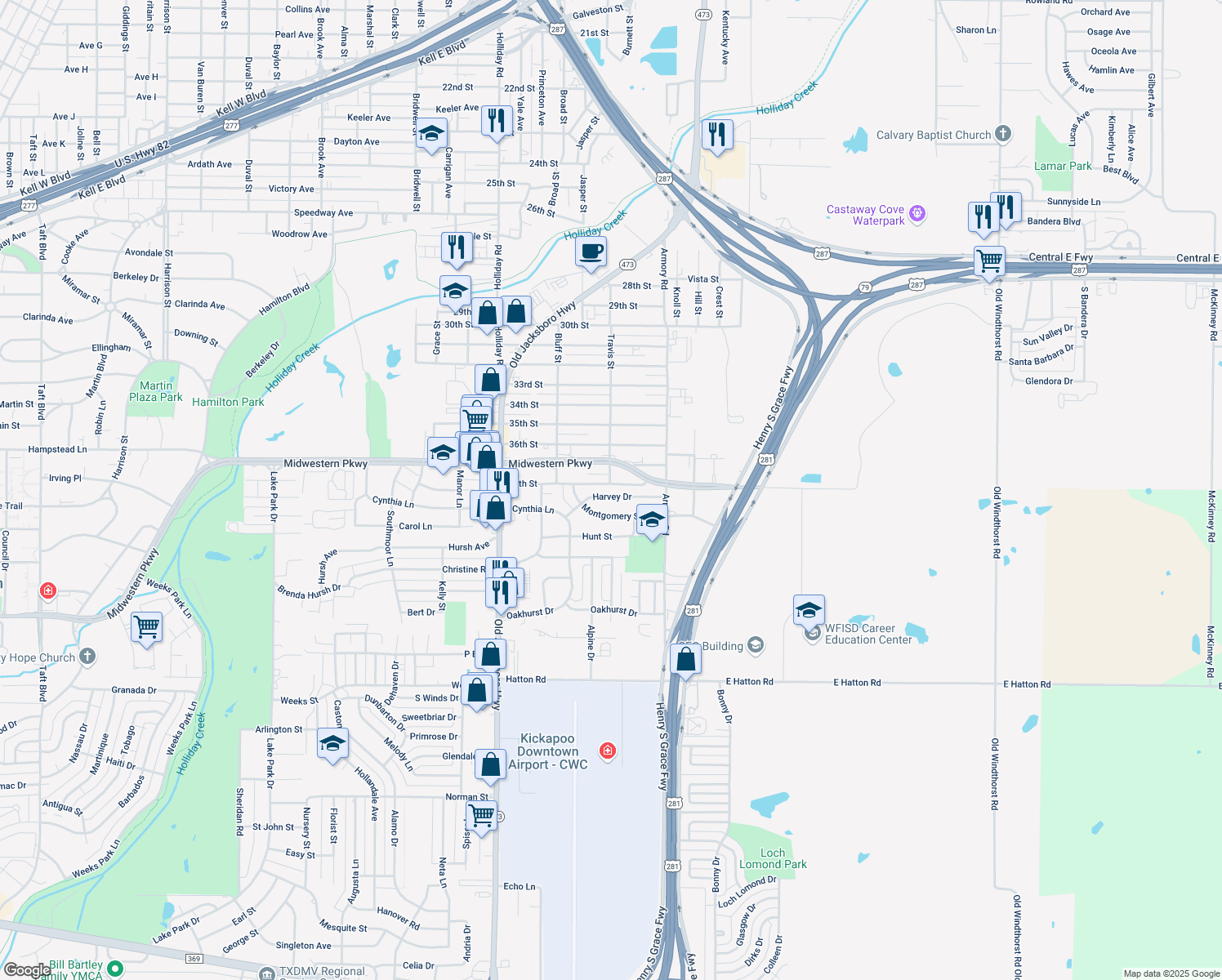 map of restaurants, bars, coffee shops, grocery stores, and more near 1302 Harvey Dr in Wichita Falls
