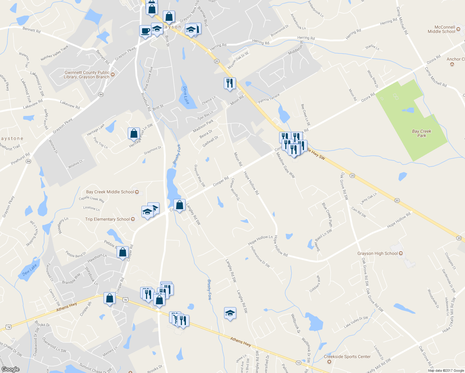 map of restaurants, bars, coffee shops, grocery stores, and more near 2820 Cooper Woods Drive in Loganville