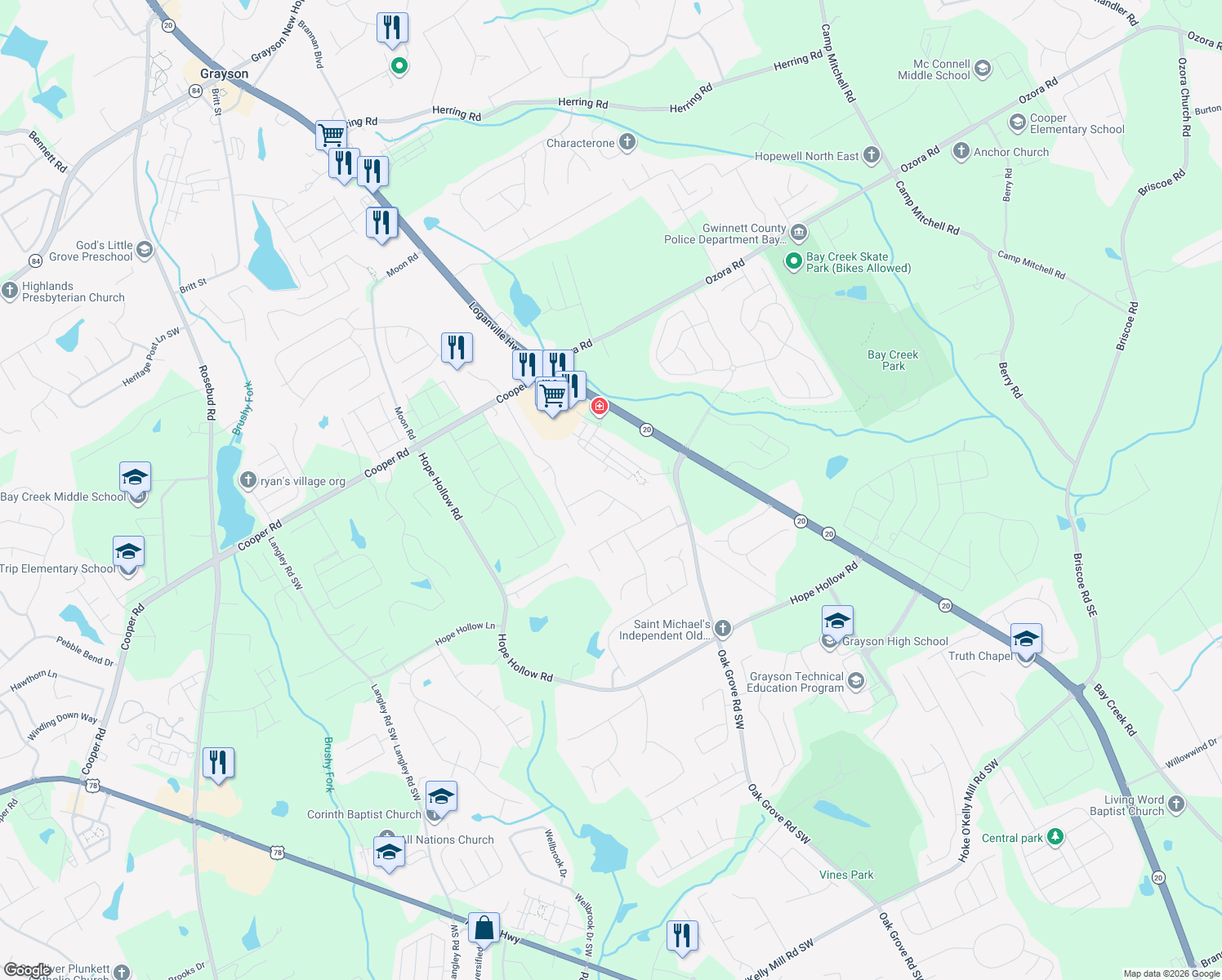 map of restaurants, bars, coffee shops, grocery stores, and more near 145 Graymist Lane Southwest in Loganville