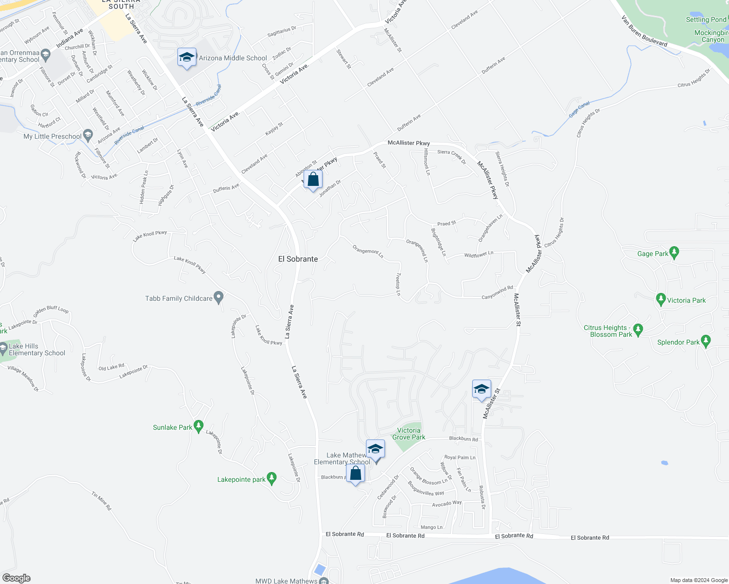 map of restaurants, bars, coffee shops, grocery stores, and more near 12250 Tuliptree Circle in Riverside