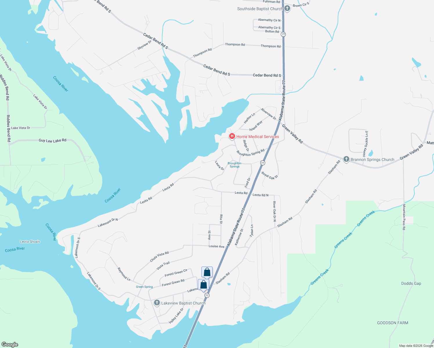 map of restaurants, bars, coffee shops, grocery stores, and more near 5368 Mountain Top Drive in Gadsden
