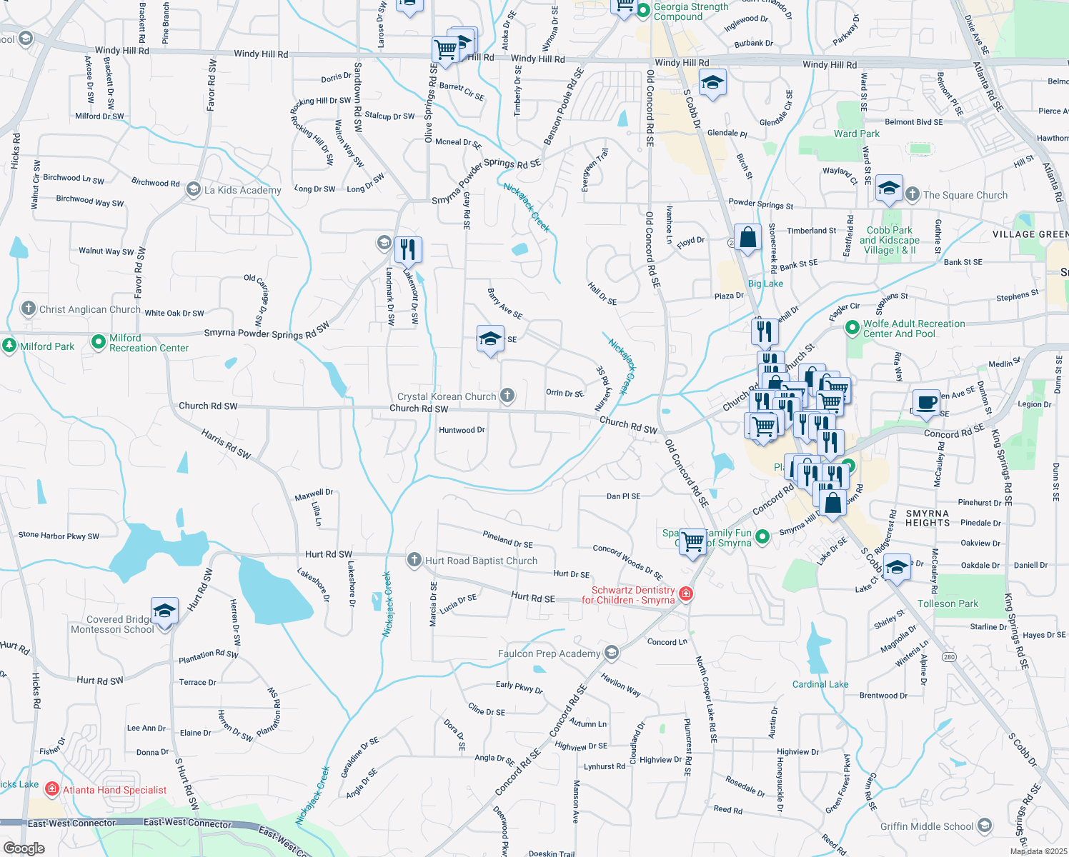 map of restaurants, bars, coffee shops, grocery stores, and more near 218 Woodview Lane in Smyrna