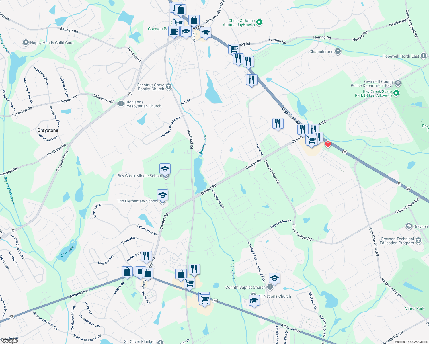 map of restaurants, bars, coffee shops, grocery stores, and more near 651 Deer Springs Way in Loganville
