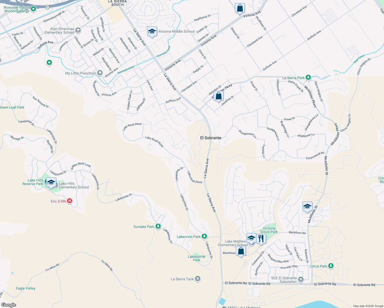 map of restaurants, bars, coffee shops, grocery stores, and more near 16810 Lake Knoll Parkway in Riverside