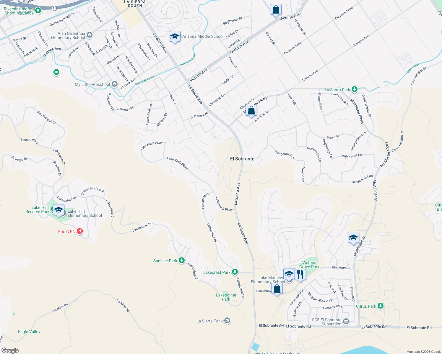 map of restaurants, bars, coffee shops, grocery stores, and more near 16810 Lake Knoll Parkway in Riverside